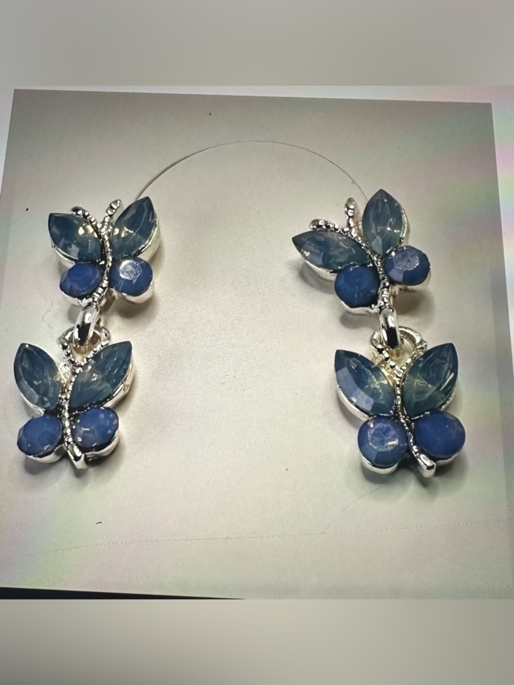 Blue Butterfly Dangle Earrings Silver Tone Double Butterfly Statement - Picture 5 of 11